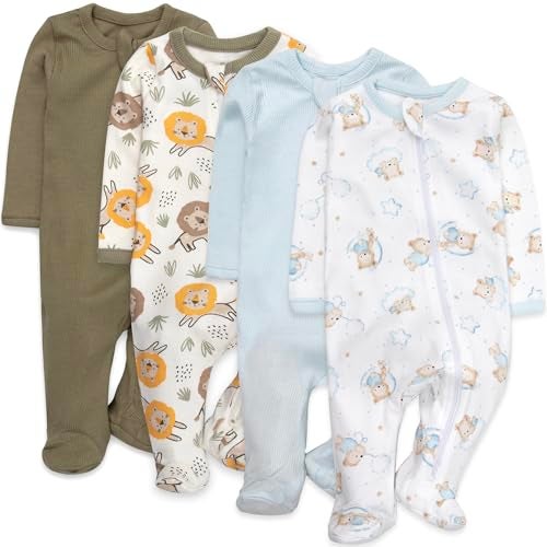 Baby Essentials Boys 4 Piece Patterned & Solid Pack Footies Sleep and Play Baby Outfit Clothes (Boys 4 Piece Jungle Lions, Bedtime Bears & Solid Pack, 6 Months) - Image 1