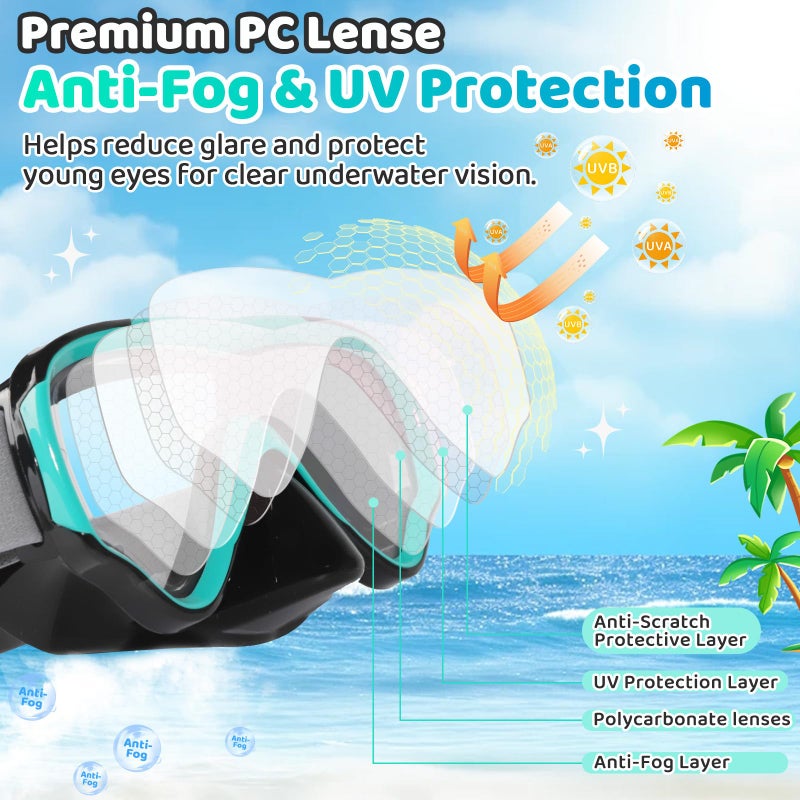 Vvinca 2 Pack Snorkeling Gear for Kids Dry Top Kids Snorkel Set for Boys Girls Junior Youth Children Age 3-14 Swim Goggles with Nose Cover Anti-Fog Panoramic View Adjustable Elastic Diving Mask - Image 4