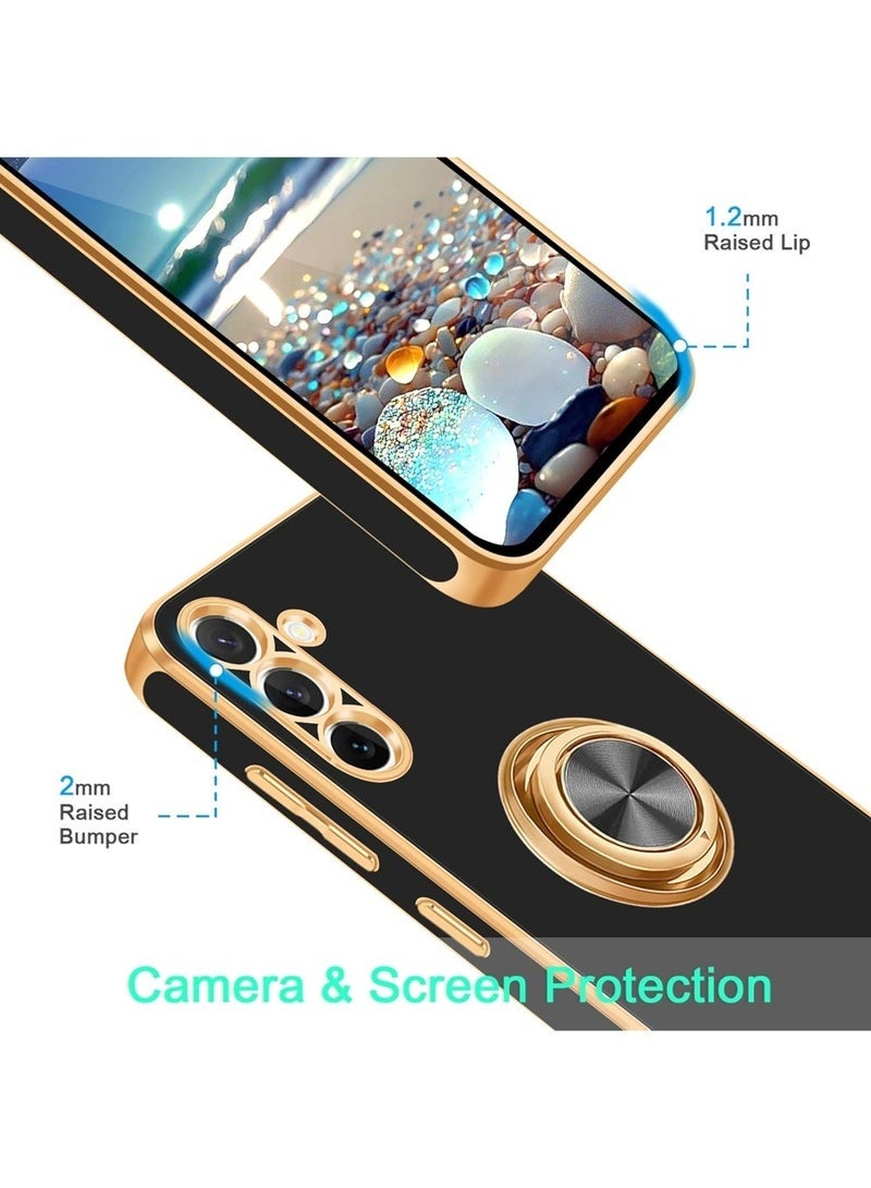 جراب Samsung Galaxy A16 5G مع حامل حلقي، حامل حلقي يدور 360 درجة، حامل مغناطيسي، طلاء ذهبي لامع، جراب واقٍ ناعم من مادة TPU مقاوم للصدمات للنساء والرجال والأولاد، أسود - Image 2