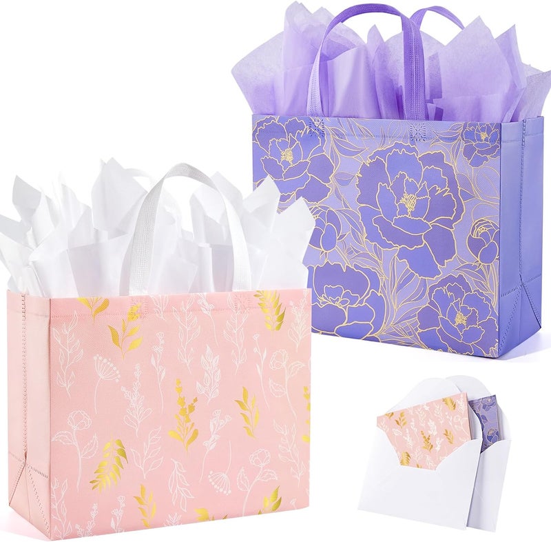 YANGTE 2 Pack 13" Large Floral Gift Bags with Greeting Card and Tissue Paper - Image 1