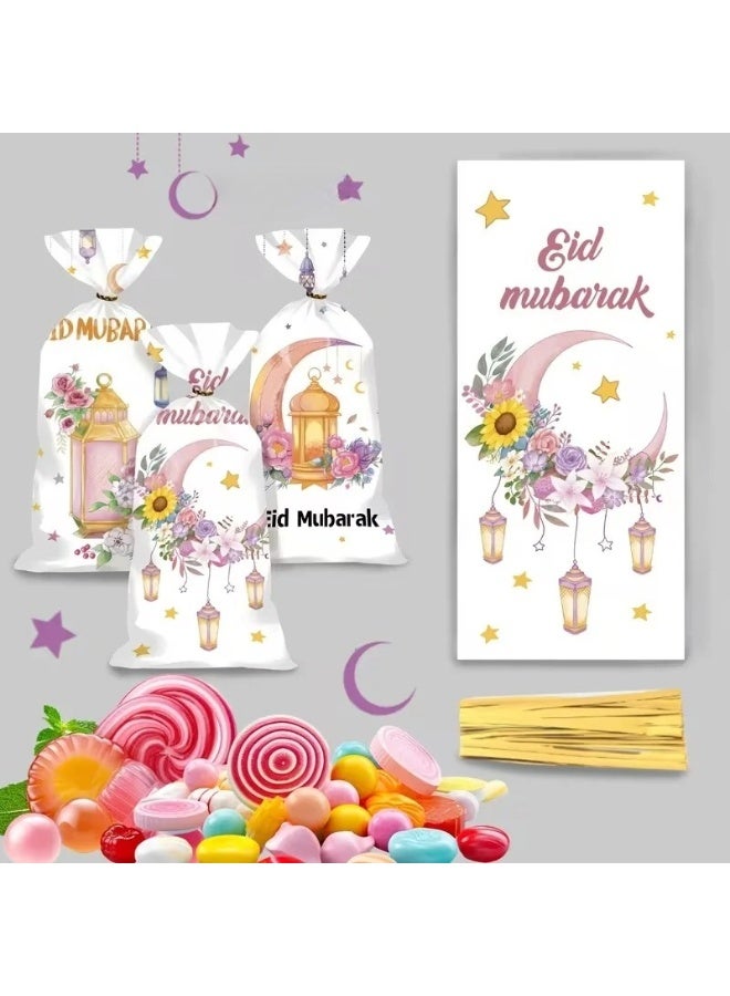 100 Pcs Eid Mubarak Candy Gift Bags with Moon Star Castle Print for Ramadan Party Snacks & Biscuits - Image 1