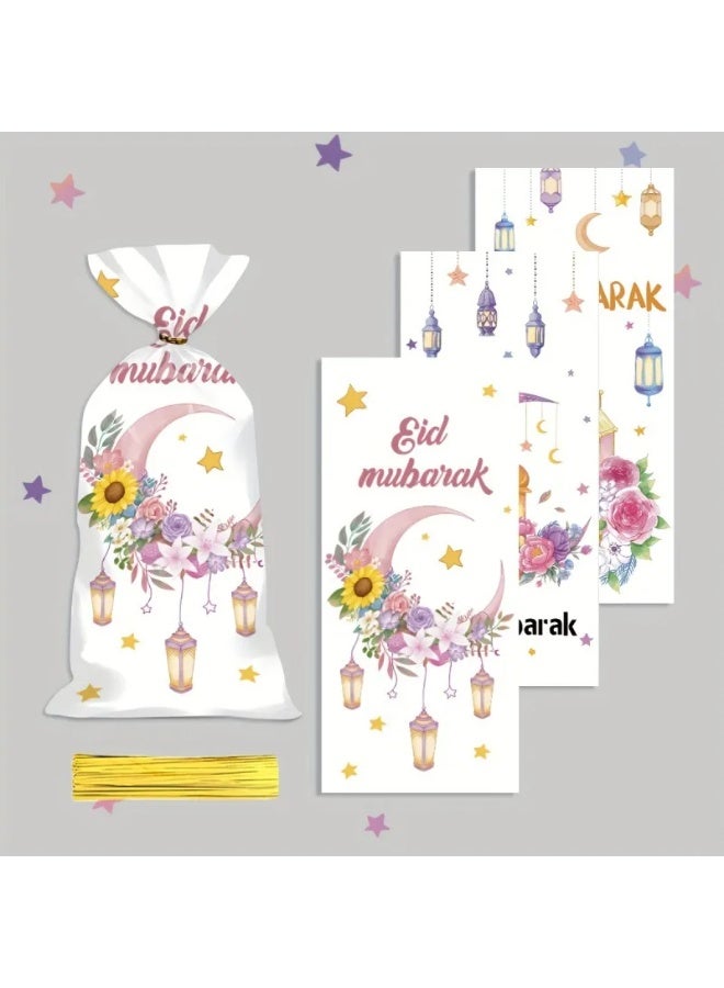 100 Pcs Eid Mubarak Candy Gift Bags with Moon Star Castle Print for Ramadan Party Snacks & Biscuits - Image 2