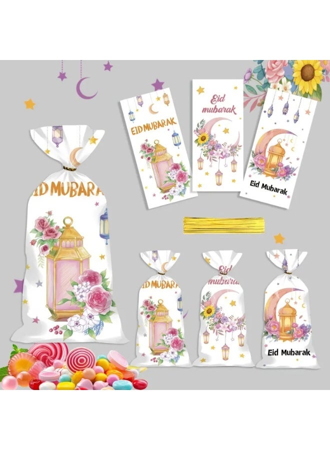 100 Pcs Eid Mubarak Candy Gift Bags with Moon Star Castle Print for Ramadan Party Snacks & Biscuits - Image 4