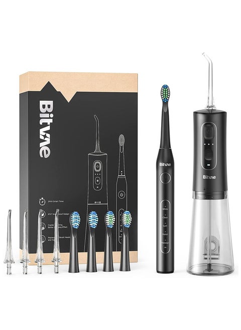 Electric Toothbrush with Water Flosser, 4H Charge Maximum 30 Days Use, 5 Modes Sonic Electric Toothbrush, 3 Modes Cordless Dental Flosser Picks, 4 Brush Heads and 4 Water Jet Tips