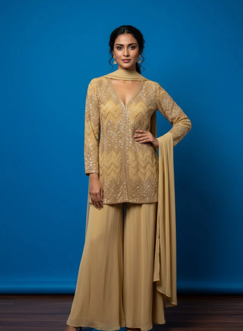 Lehar Golden Geometric Sequin Sharara Set with Dupatta