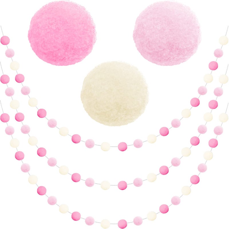 Jishi 3Pack Pom Pom Garland Pink Felt Ball Ornament Garland Christmas Decorations Cute Pompom Strings for Christmas Tree Decor Xmas Holiday Party Birthday Banner  66 Feet Long 24 Balls 25mm