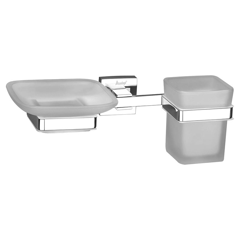 Acetap Square Brass and Glass Soap Dish with Tumbler Holder Chrome Finish Wall Mounted for Bathroom and Washbasin - Image 1