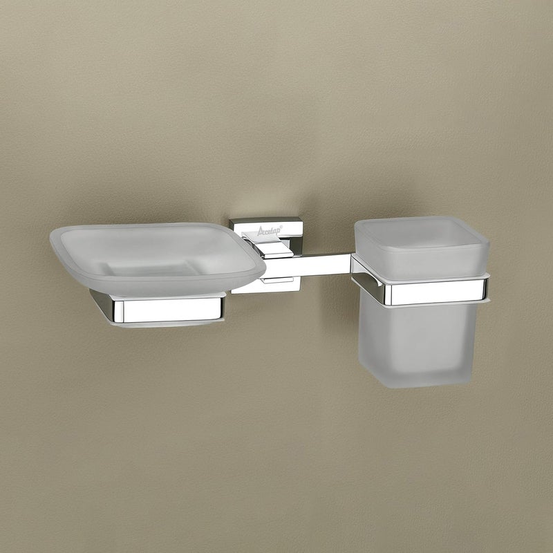 Acetap Square Brass and Glass Soap Dish with Tumbler Holder Chrome Finish Wall Mounted for Bathroom and Washbasin - Image 2