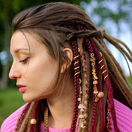 BBTO 12 Pcs Hair Jewelry for Braids Natural Crystal Stone Dreadlock Accessories Metal Hair Accessories Gold Loc Dreadlock Spirals Cuff Rings Charm for Women Braid Hairstyle DecorBright Colors - Image 5