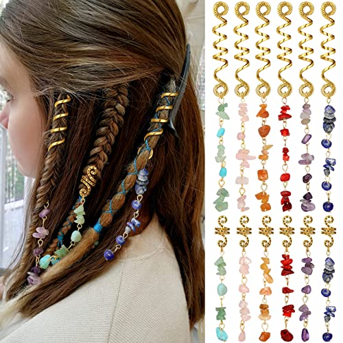 BBTO 12 Pcs Hair Jewelry for Braids Natural Crystal Stone Dreadlock Accessories Metal Hair Accessories Gold Loc Dreadlock Spirals Cuff Rings Charm for Women Braid Hairstyle DecorBright Colors - Image 2