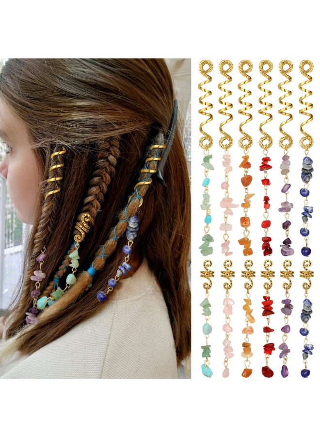 BBTO 12 Pcs Hair Jewelry for Braids Natural Crystal Stone Dreadlock Accessories Metal Hair Accessories Gold Loc Dreadlock Spirals Cuff Rings Charm for Women Braid Hairstyle DecorBright Colors - Image 3