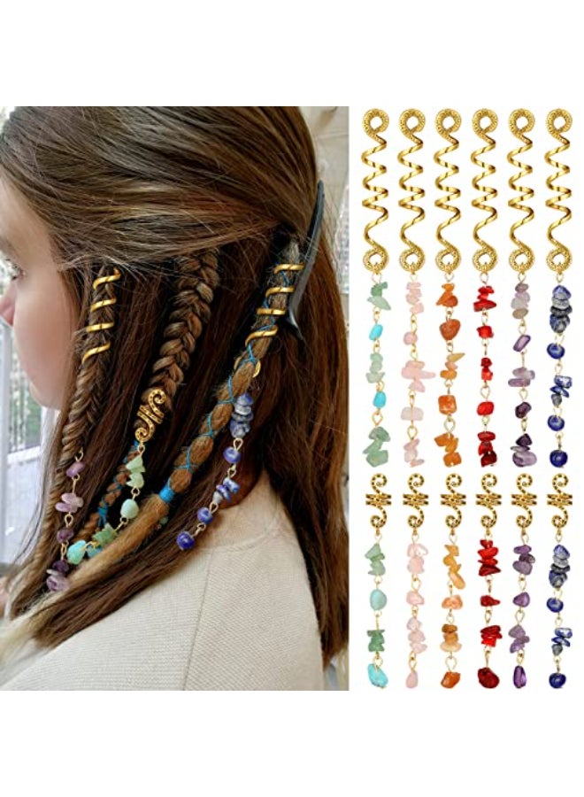 BBTO 12 Pcs Hair Jewelry for Braids Natural Crystal Stone Dreadlock Accessories Metal Hair Accessories Gold Loc Dreadlock Spirals Cuff Rings Charm for Women Braid Hairstyle DecorBright Colors - Image 1