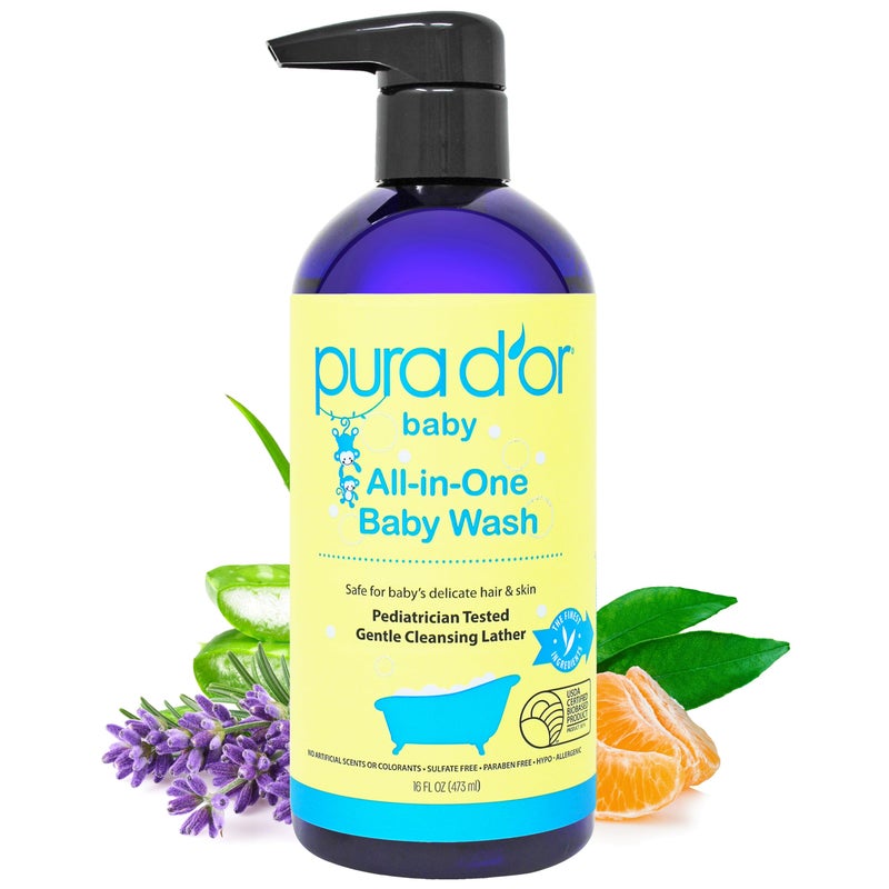 PURA D'OR 16 Oz All-in-One Calming Baby Wash & Shampoo For Hair & Entire Body, Tear Free, Sulfate Free, Natural Aloe Vera, USDA Biobased Gentle Formula - Image 1