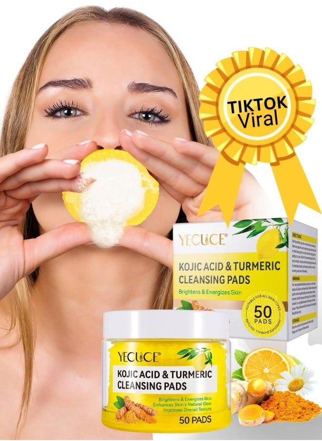 Yecuce 50 Pcs Kojic Acid & Turmeric Cleansing Pads for Dark Spots Turmeric Kojic Acid Cleansing Pads Helps Balance Skin Oil & Water Fade Spot Remove Excess Keratin Clean Oil Refines Pores Kojic Acid Pads  - Image 1