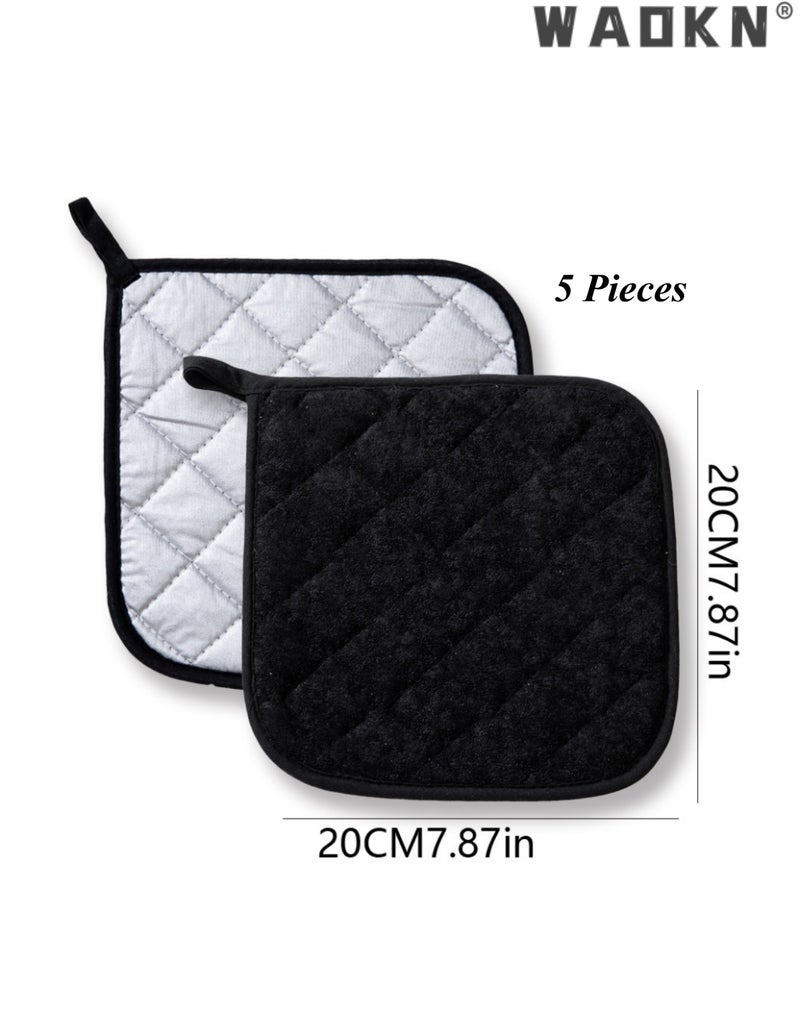 WAOKN 5Pcs Square Cotton Pot Holders,  Heat Resistant Kitchen Trivet Mats, Silverstone Lining Anti-Scald Hot Pads, with Great Heat Resistance, Hot Pads, Trivets for Cooking and Baking，Black Square Fabric Coasters , Multi-use Cotton Pot Mats，20x20cm - Image 1