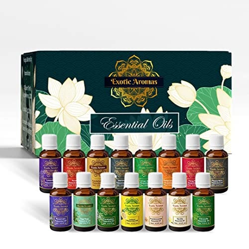 Exotic Aromas Essential Oil Pack of 15 Lavender Rose Sandalwood Jasmine Orange Rosemary Lemongrass Ylang Ylang Tea Tree Peppermint Eucalyptus Lemon Frankincense Vanilla Citronella - Image 1