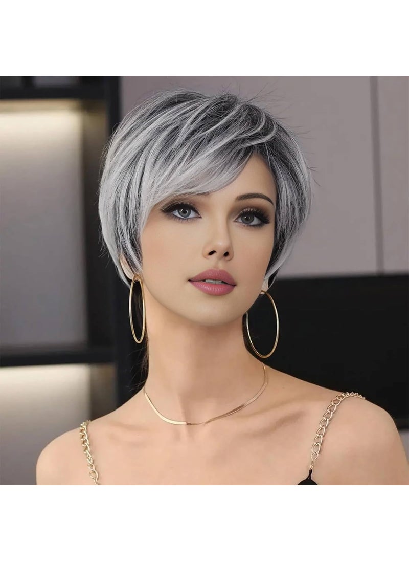 creamily - Creamily Pixie Cut Short Grey Wigs with Bangs Natural Fluffy Synthetic Hair Wigs for Women Gray Hair Replacement Wigs Mommy Wig Short Hair Styles for Women Ladies Wgs - Image 1