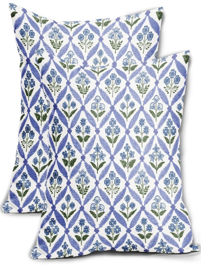 Smozenith Blue Green Floral Block Print Pillow Covers 18X18 Set of 2, Flower Pattern Spring Summer Print Decorative Throw Pillow Covers Outdoor Farmhouse Seasonal Cushion Case Couch Sofa Bed Decor - Image 1