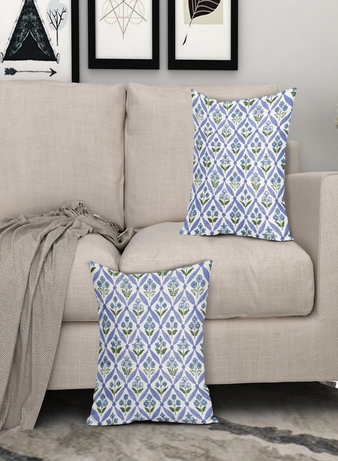 Smozenith Blue Green Floral Block Print Pillow Covers 18X18 Set of 2, Flower Pattern Spring Summer Print Decorative Throw Pillow Covers Outdoor Farmhouse Seasonal Cushion Case Couch Sofa Bed Decor - Image 3