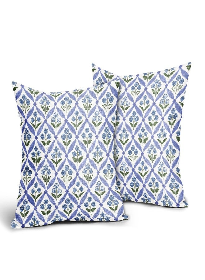 Smozenith Blue Green Floral Block Print Pillow Covers 18X18 Set of 2, Flower Pattern Spring Summer Print Decorative Throw Pillow Covers Outdoor Farmhouse Seasonal Cushion Case Couch Sofa Bed Decor - Image 2