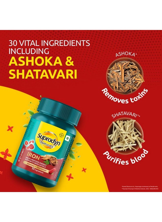Supradyn - Naturals Iron For Women, Multivitamin With 3X Iron, Ashoka, Shatavari, Zinc, Vitamin C, Folic Acid, 30 Vital Nutrients, Supports Blood Health & Provides Energy, Pack Of 30 Tabs,Veg (30 Count) - Image 1