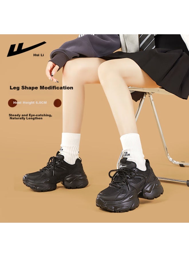 Huanli Women's Fashion Thick-soled Height-increasing Dad Shoes Comfortable All-match Casual Shoes Black Size 37