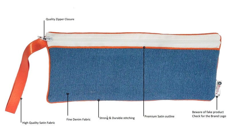 athizay Pencil Pouch for Kids Girls Teenagers Denim Plus Pouch Handmade Premium School Zipper Cases Stationary Organiser Washable Pen Case (Orange, Denim Blue) - Image 5