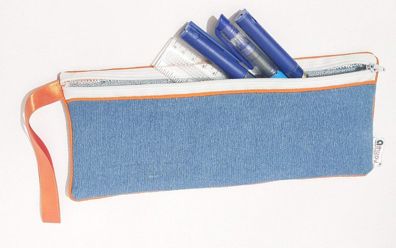 athizay Pencil Pouch for Kids Girls Teenagers Denim Plus Pouch Handmade Premium School Zipper Cases Stationary Organiser Washable Pen Case (Orange, Denim Blue) - Image 3