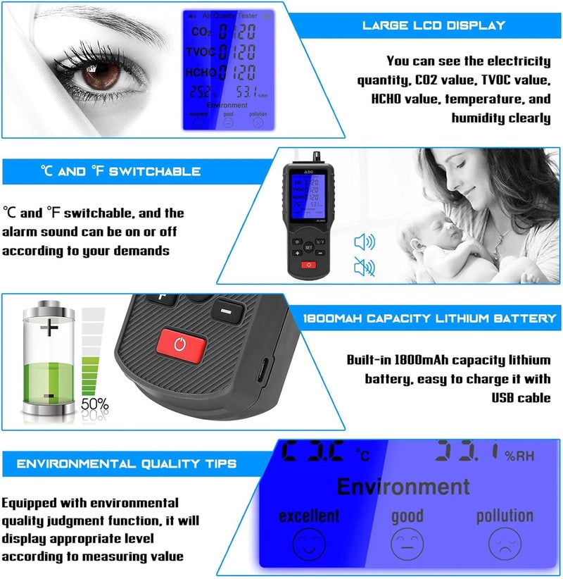 Air Monitors CO2 Meter Carbon Dioxide Detectors CO2 TVOC HCHO Temperature Humidity Measuring Device Air Tester for Home - Image 3