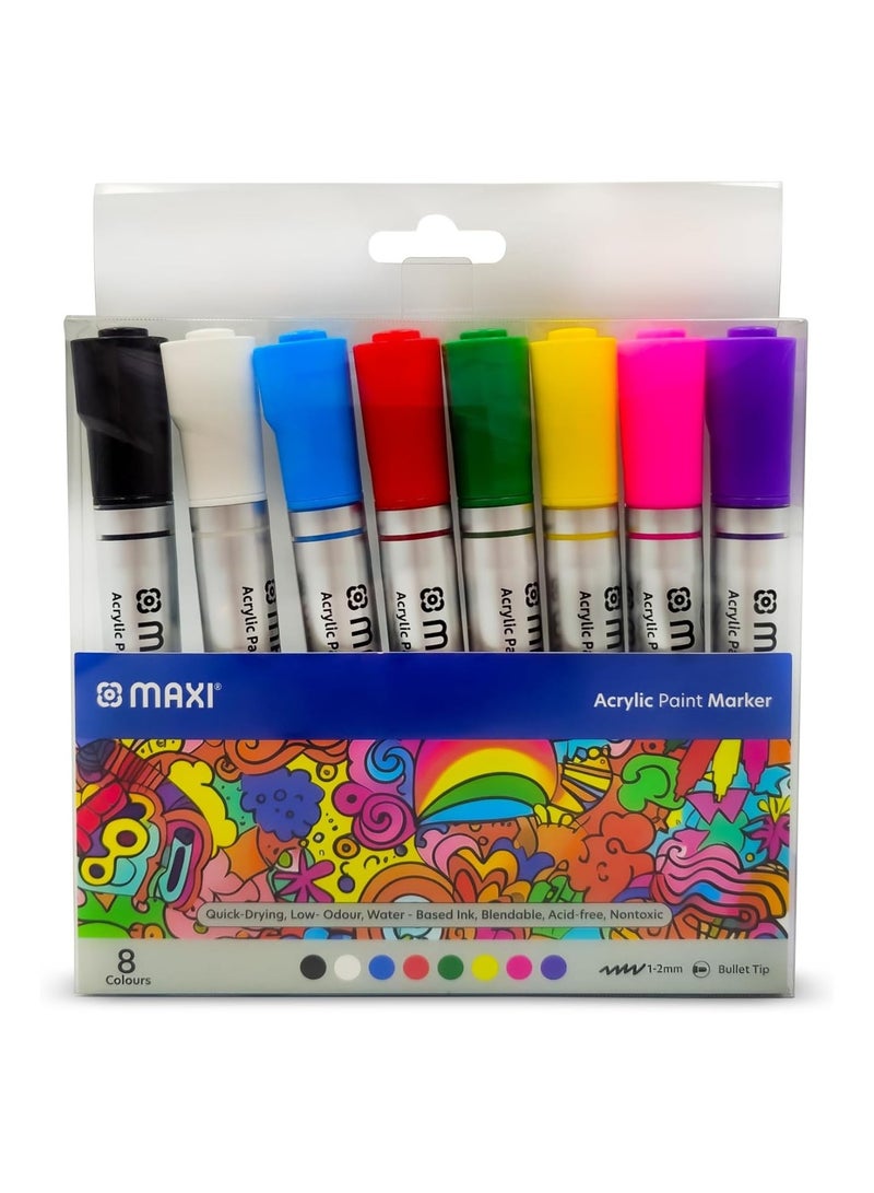 Maxi 8-Piece Acrylic Paint Markers 2mm Thickness Multicolour For Painting, Glass, Canvas, Wood, Plastic, Fabric, Metal, Leather, Ceramic - Image 1