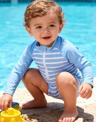 uideazone Baby Boys Long Sleeve Swimsuit Blue Striped One Piece Surfing Suits Beach Swimwear Rash Guard , 2-3T - Image 2