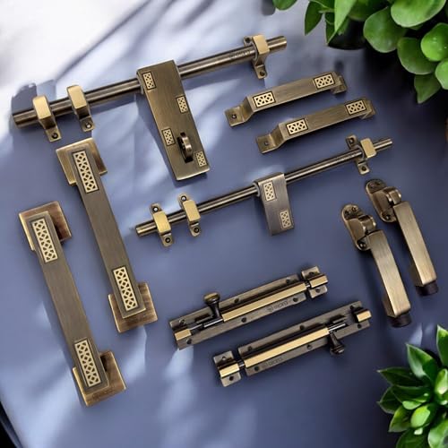 Elara BDK-1 Antique Brass Finish Double Brass Door Kit, 12 Inch Aldrop, 12 Inch Latch, Handle, Tower Bolt, Door Stopper, Pull Handle - Image 1