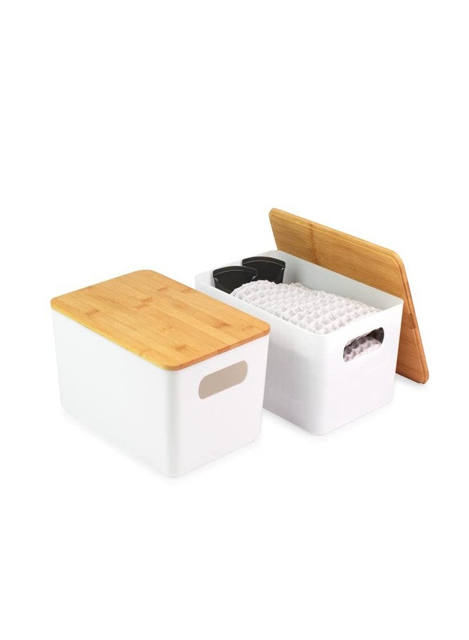 Isaac Jacobs 2-Pack Medium White Storage Bin Set w/Cut-Out Handles and Bamboo Lid, Plastic Organizers for Home, Pantry, Kitchen, Closet, Office, Home Décor, BPA Free, Food Safe (Medium, White) - Image 1