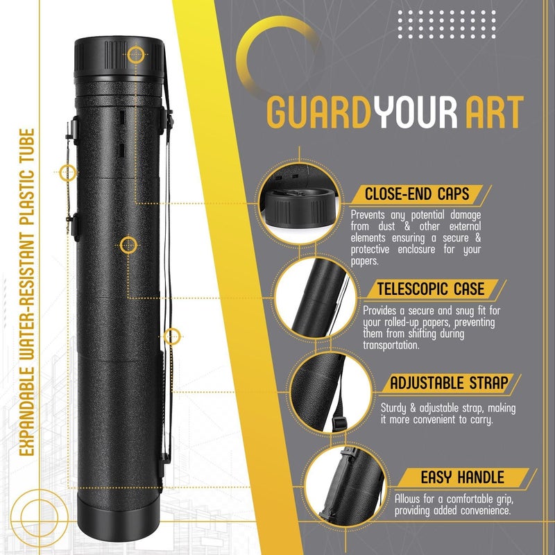 Flexzion Poster, Art, Document Tube with Strap, Expandable Waterproof Plastic Container, Telescoping Cylindrical Storage Case, Portable Paper Holder for Draft Sketch Blueprint, 4.7 IDx31.7-51.2 Inch - Image 2