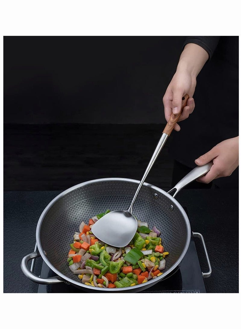 Spoon and Spatula,  Spatula and Spoon Tool Set for Wok, 2 Pcs Cooking-Serving Tool, 17 Inches Stainless Steel & Wooden Wok Utensils for Kitchen  - Image 2