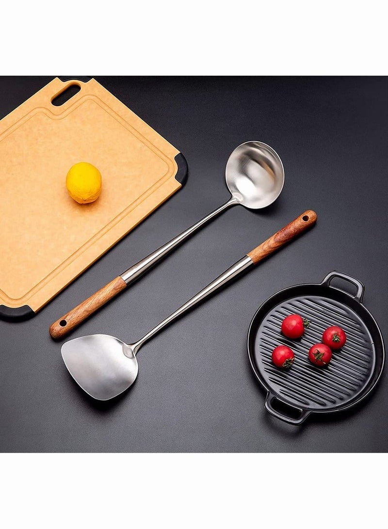 Spoon and Spatula,  Spatula and Spoon Tool Set for Wok, 2 Pcs Cooking-Serving Tool, 17 Inches Stainless Steel & Wooden Wok Utensils for Kitchen  - Image 5