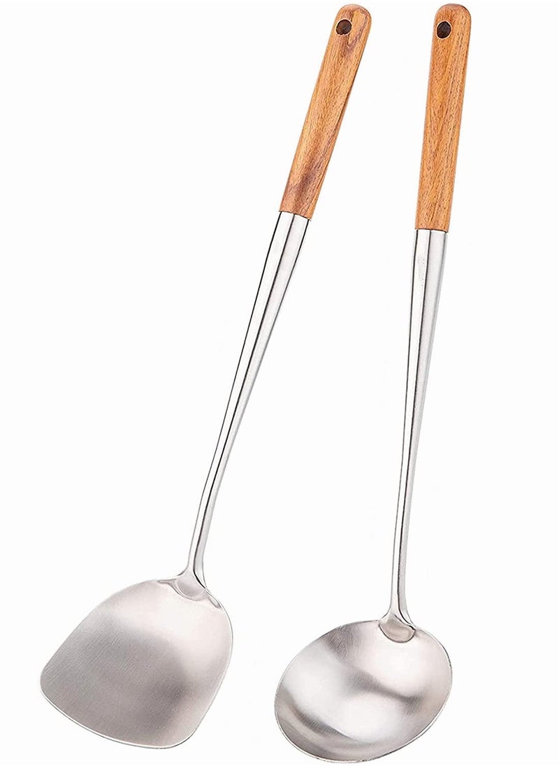 Spoon and Spatula,  Spatula and Spoon Tool Set for Wok, 2 Pcs Cooking-Serving Tool, 17 Inches Stainless Steel & Wooden Wok Utensils for Kitchen  - Image 1
