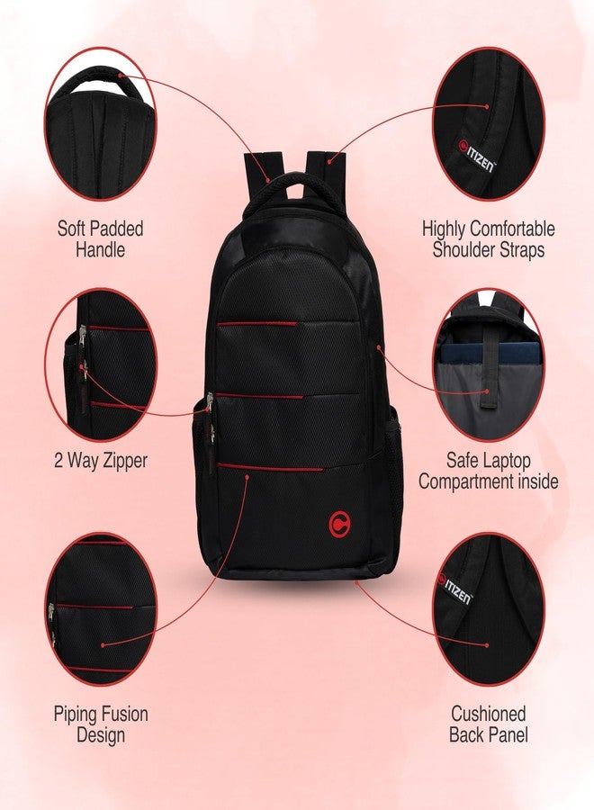 Citizen Workoholic Travel Laptop Backpack | 15.6 Inch Padded Laptop Compartment | 27 Liters | Polyester Fabric | 2 Front & Side Pockets | Padded Straps & Trolley Sleeve | Reflective Strips | Black - Image 2
