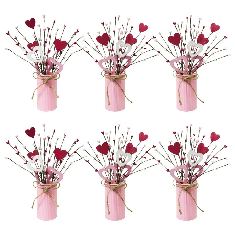 TORONTOKYO Valentines Day Decor, 6 Pack Valentine's Day Artificial Potted Plant Heart Shaped Valentines Day Picks with Berries Metal Pot for Home Office Table Centerpiece Decor - Image 1