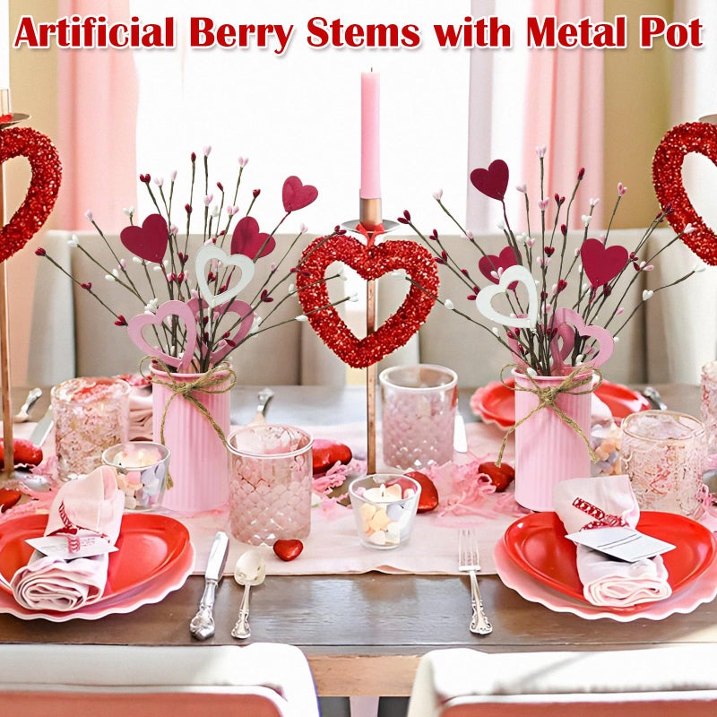 TORONTOKYO Valentines Day Decor, 6 Pack Valentine's Day Artificial Potted Plant Heart Shaped Valentines Day Picks with Berries Metal Pot for Home Office Table Centerpiece Decor - Image 4
