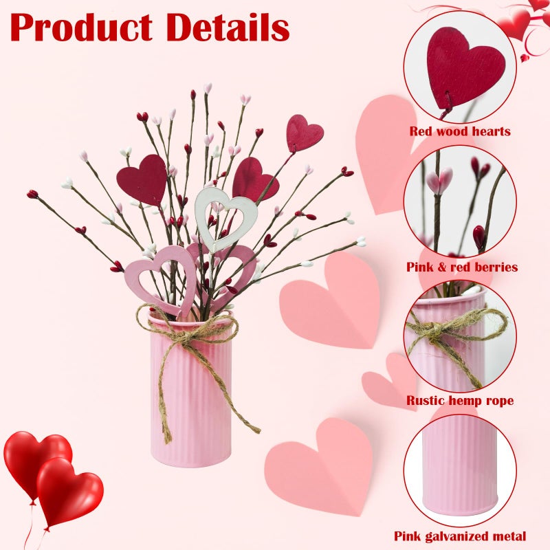 TORONTOKYO Valentines Day Decor, 6 Pack Valentine's Day Artificial Potted Plant Heart Shaped Valentines Day Picks with Berries Metal Pot for Home Office Table Centerpiece Decor - Image 3