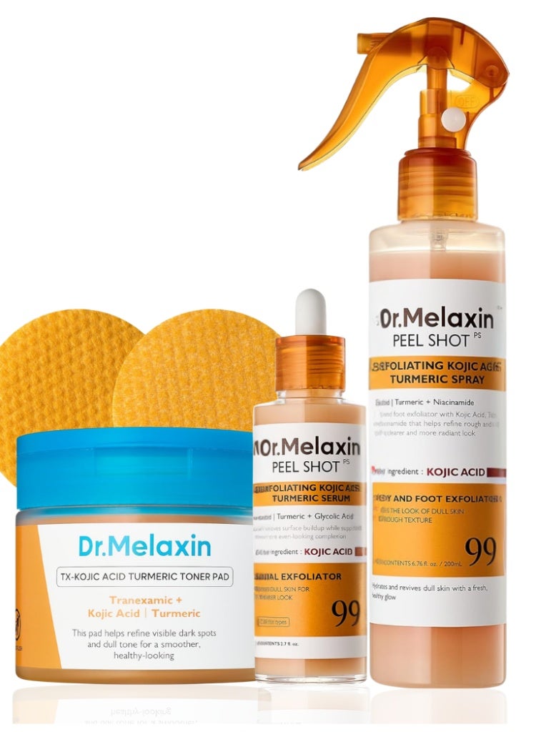 دكتور ميلاكسين مجموعة Dr. Melaxin TX Kojic Acid Turmeric من 3 قطع – تونر بادز وبخاخ وسيروم للتقشير والتفتيح والعناية بالبقع الداكنة - Image 1