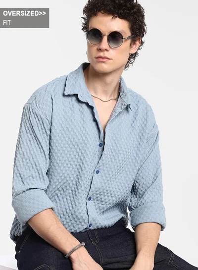 كامبوس سوترا Men's Cornflower Blue Cubic-Textured Oversized Shirt