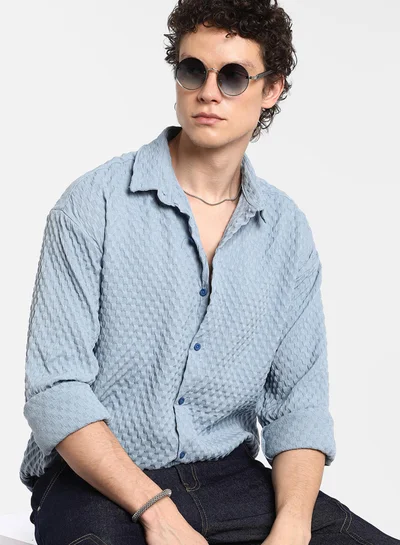 Campus Sutra Men's Cornflower Blue Cubic-Textured Oversized Shirt