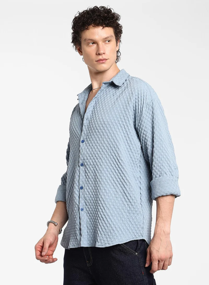 Campus Sutra Men's Cornflower Blue Cubic-Textured Oversized Shirt