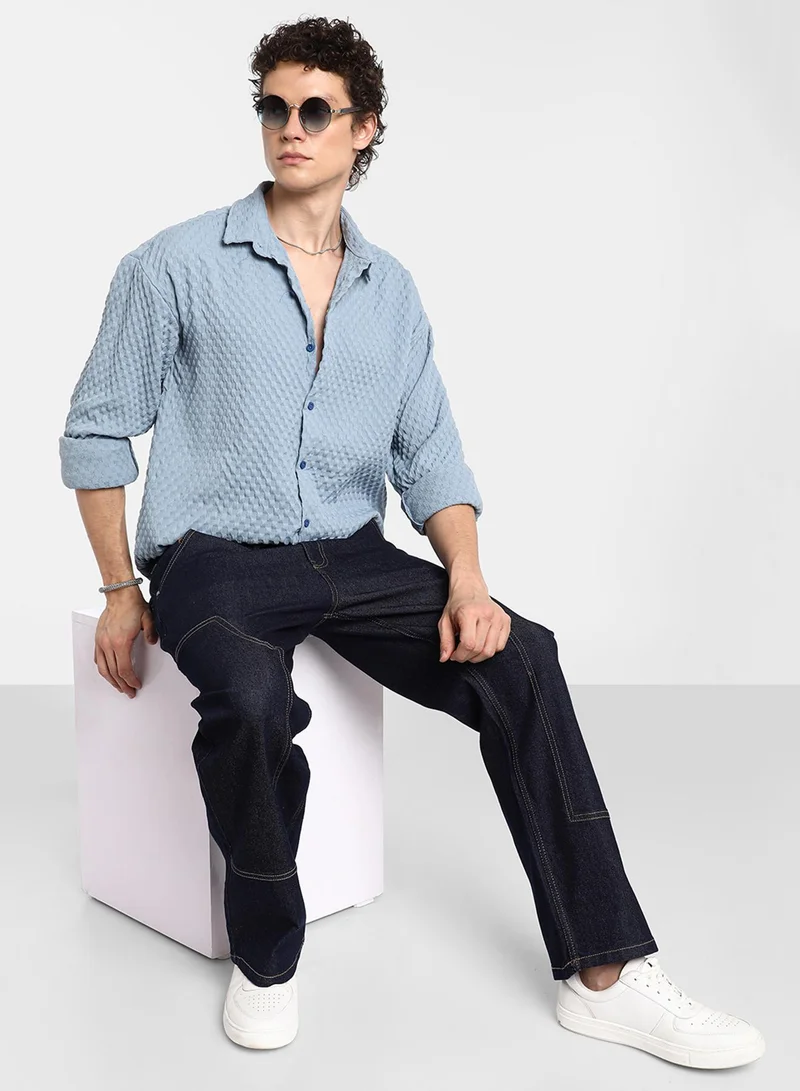Campus Sutra Men's Cornflower Blue Cubic-Textured Oversized Shirt
