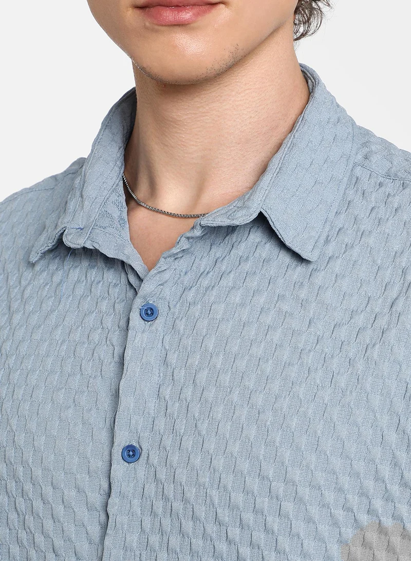 Campus Sutra Men's Cornflower Blue Cubic-Textured Oversized Shirt