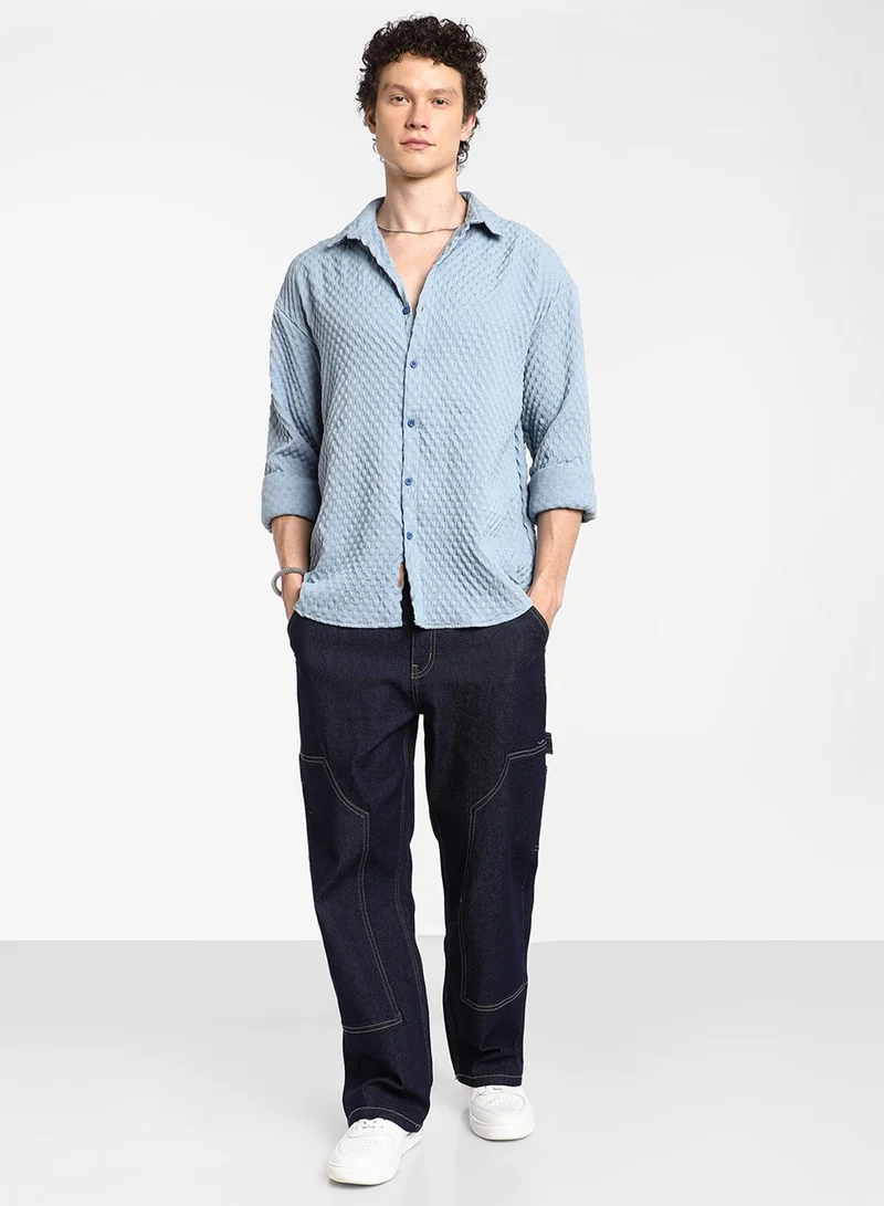 Campus Sutra Men's Cornflower Blue Cubic-Textured Oversized Shirt