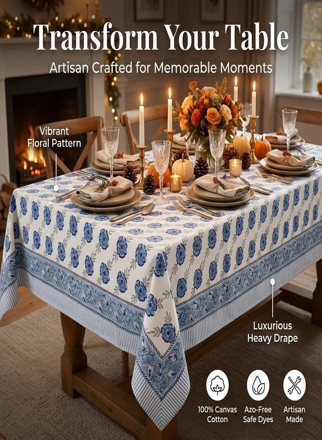 NIRVELLA Rectangle Table Cloth - Cotton Linen Block Print Tablecloth - 60x108 Inch 8 Seater - Fall Decor Indoor Outdoor Picnic Party Thanksgiving Christmas - Blue Dutch Delft Blossoms (Blue Green) - Image 4
