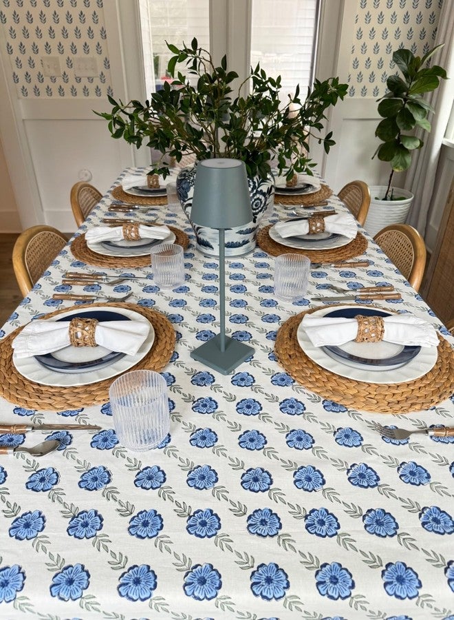 NIRVELLA Rectangle Table Cloth - Cotton Linen Block Print Tablecloth - 60x108 Inch 8 Seater - Fall Decor Indoor Outdoor Picnic Party Thanksgiving Christmas - Blue Dutch Delft Blossoms (Blue Green) - Image 2